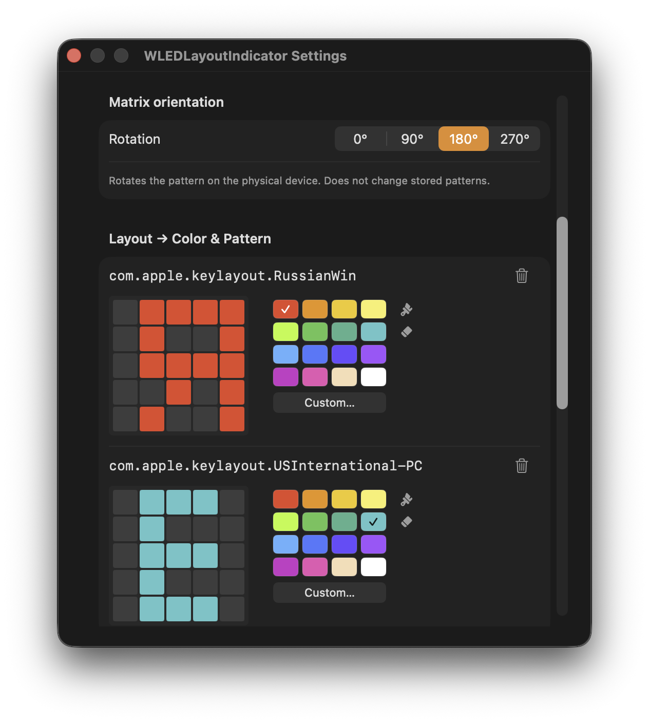 App settings showing layout color presets